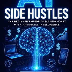 May include: A book cover with a dark blue background and the title "AI SIDE HUSTLES" in white and blue. The cover features a glowing brain graphic, dollar signs, a laptop, a smartphone, and the text "2026 EDITION".