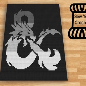 May include: A black and white crochet pattern of the Dungeons and Dragons logo, a dragon wrapped around a D20 die. The pattern is labelled "Sew You Crochet".