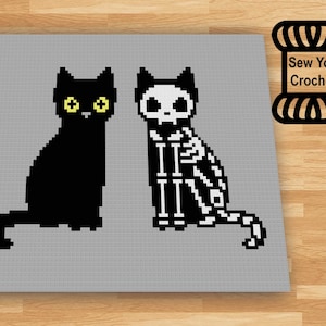 Schwarze Katze Skelett Katze Halloween C2C Decke häkeln Muster PDFs Ecke zu Ecke Digitaler Download Aberglaube