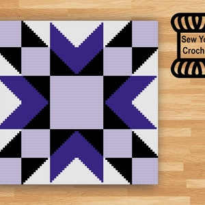 May include: A crochet pattern featuring a purple, black, and white star design. The pattern is called "Sew You Crochet".