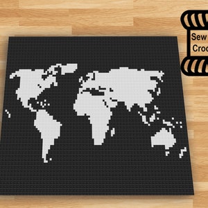 Gehaakte wereldkaart zwart-wit C2C dekenpatroon pdf's hoek tot hoek digitale download geografie