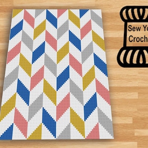 May include: A crochet pattern featuring a chevron design in shades of pink, blue, yellow, and gray. The pattern is called "Sew You Crochet".