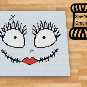 May include: A crochet pattern for a pixelated face with large eyes, a stitched mouth, and red lips. The pattern is titled "Sew You Crochet".