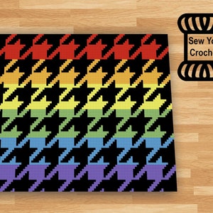 May include: A crochet pattern featuring a rainbow-colored houndstooth design. The pattern is titled "Sew You Crochet".
