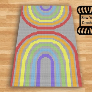 May include: A crochet pattern featuring two rainbow arches on a gray background. The pattern is titled "Sew You Crochet".