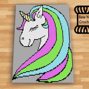 May include: A crochet pattern for a unicorn with a white head and a rainbow mane. The pattern is from Sew You Crochet.