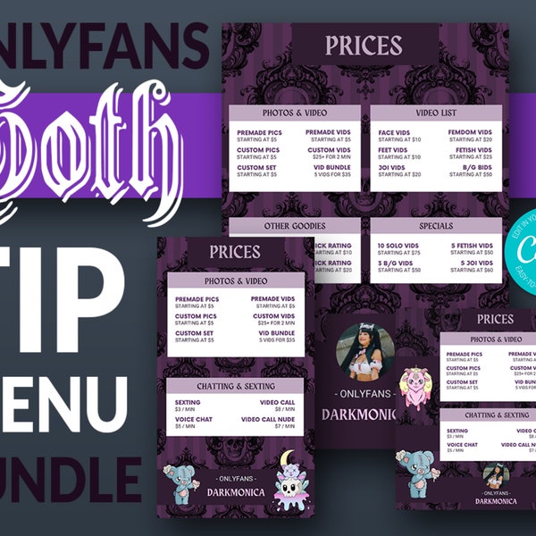 Goth Onlyfans Tip Menu Templates | 3 In Total | Put Your Tips on Auto-Pilot | Great for Fansly, AVN Stars | Edit in Canva | Instant Download