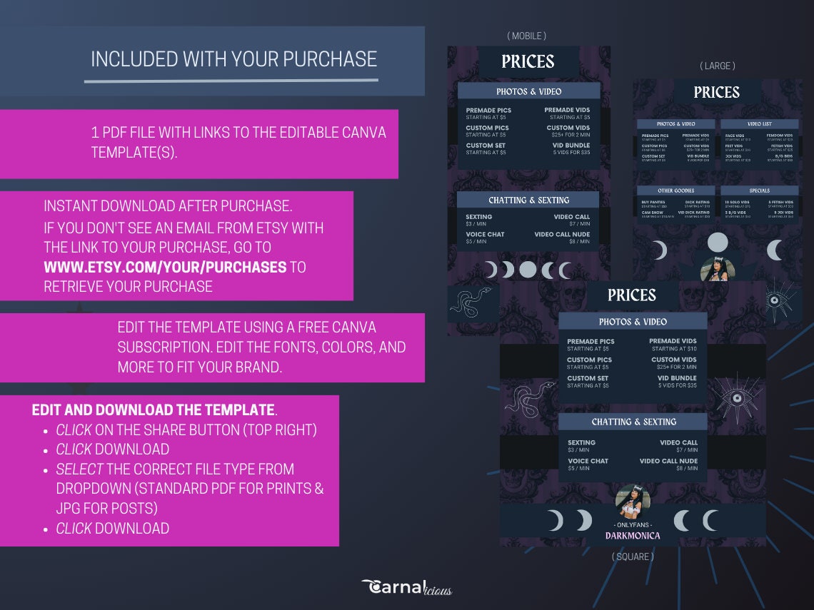 Goth Witch Onlyfans Tip Menu Templates | 3 in Total | Dark Aesthetic