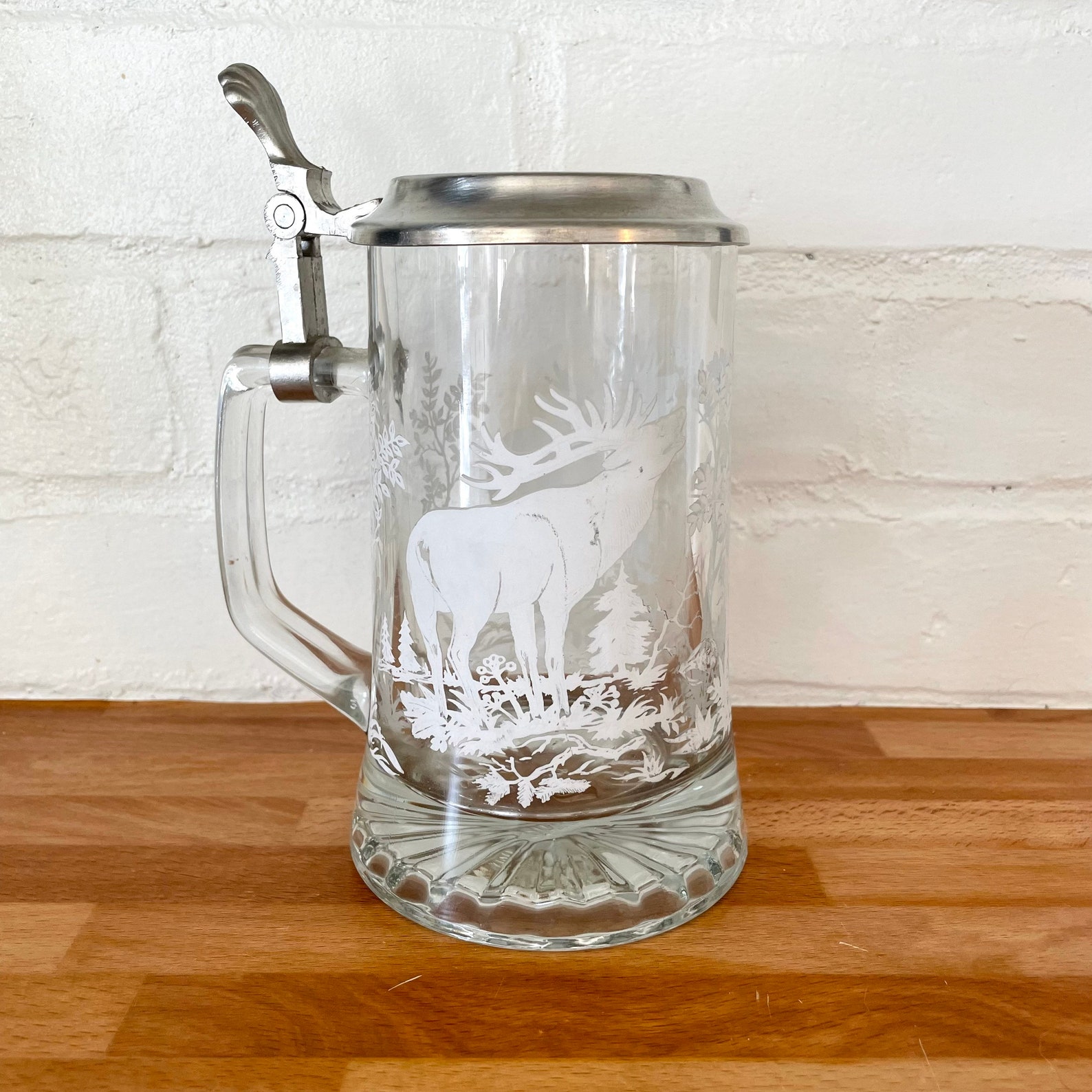 Vintage Alwe Elk Etched Glass Beer Stein With Pewter Lid Made Etsy