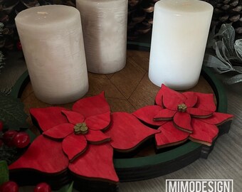 Poinsettia 2-in-1 Round Tray or Door Hanger | Layered Christmas Decor | Centerpiece, Candles, Candy | Digital Laser Files SVG DXF