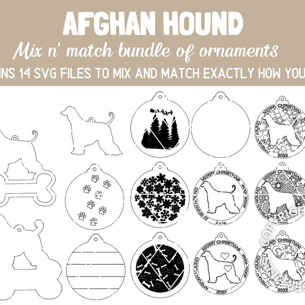 AFGHAN HOUND Dog Breed Christmas Ornaments Bundle 2022 Digital svg + dxf Cut Files Laser and Glowforge ready