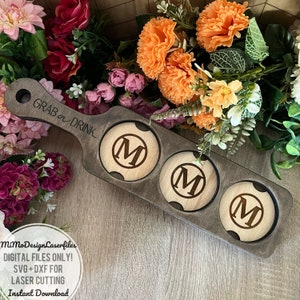 Tábua / voo para 3 bebidas com alça e bases para copos de madeira personalizadas opcionais * Somente arquivos digitais SVG + DXF * Pronto para Laser e Glowforge