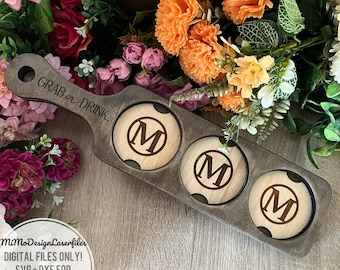 3 Drinks Serving Board / Flight with handle and optional Coasters personalized wood * Digital files only SVG + DXF * Laser & Glowforge ready
