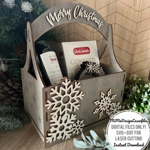 Snowflakes Gift or Decor Xmas Basket for holding wine, decor, snacks, gifts, flowers etc. Digital SVG DXF laser + Glowforge ready cut files