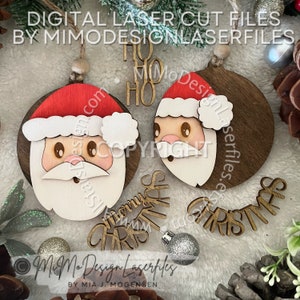 サンタ 3D クリスマス オーナメント 2 バリエーション - 一般的なレイヤード テキストを含む頭全体および部分 すべてのレーザーで切断するためのデジタル レーザー ファイル