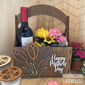 Mother’s Day Garden Tulips Basket | Laser Cut SVG + DXF | Digital Download | Glowforge & xTool Ready | Floral Gift Crate for Personalization