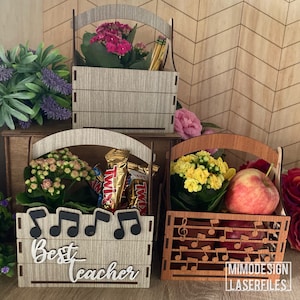 Mini Music teachers and patterned gift baskets crates for personalization and storage laser cut Glowforge ready files Digital SVG + DXF