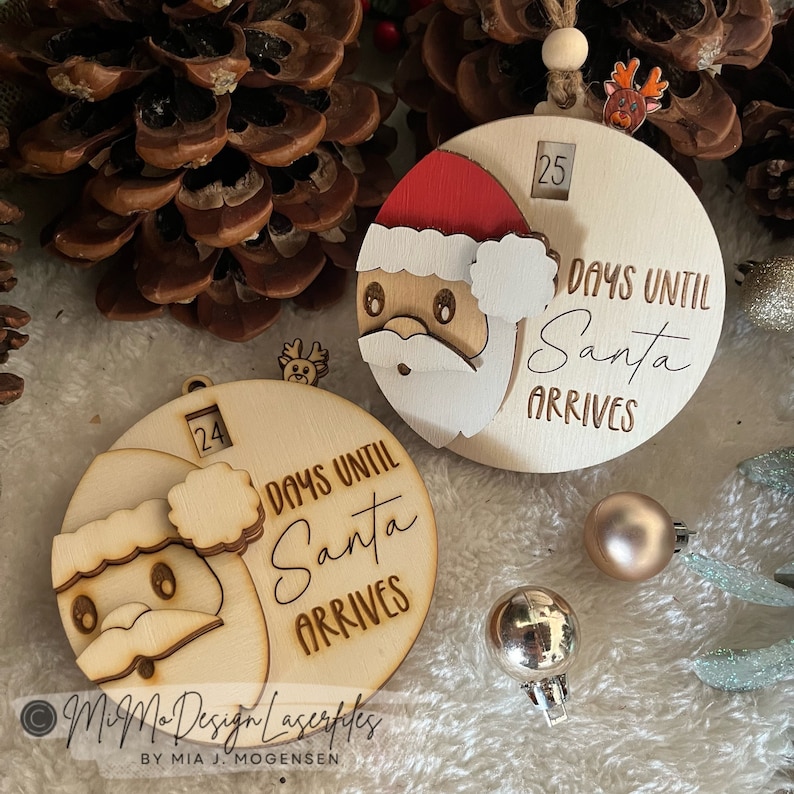 3D Santa Countdown to Christmas Sliding Ornament Reindeer lever to make it turn and count down. LASER CUT FILES dxf svg Glowforge ready image 7