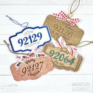 May include: Four wooden Christmas ornaments with different designs and text. The ornaments are decorated with red and white ribbon and have a rustic look. The text on the ornaments reads "Home for Christmas", "Home is where we are together", "Merry Christmas", and "Santa Stop Here".