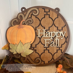 3D Pumpkin layered Door Hanger / Sign w. Arabesque Pattern & Happy Fall text - DIGITAL LASER FILES for cutting on all lasers, svg, dxf