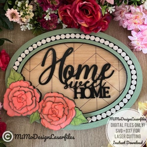 Beaded Frame Sign with 3D layered Peonies - Home Sweet Home text and tutorial included. DIGITAL FILES ONLY! All Lasers and Glowforge ready
