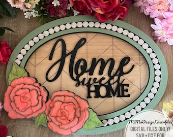 Beaded Frame Sign with 3D layered Peonies - Home Sweet Home text and tutorial included. DIGITAL FILES ONLY! All Lasers and Glowforge ready