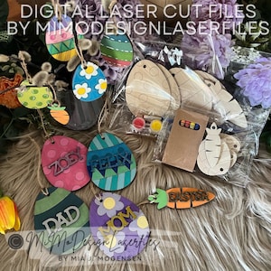 Ostereier- und Karottenanhänger/Ornamente – DIY-Malset – Digitale Laserdatei – Einzelliniendesigns, einfaches Basteln für Kinder, Händler + Schrottsammler