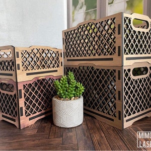 May include: Three wooden storage boxes with a geometric lattice design. The boxes are stacked on top of each other and have black accents. A small potted plant sits in front of the boxes.