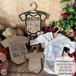 Baby Birth Stats Nursery Clothes Hanger Sign - 4 diseños - 2 tamaños para personalización ARCHIVOS DIGITALES para corte por láser Listo para todos los láseres