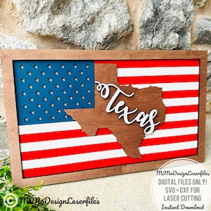 Placa do estado do TEXAS com a bandeira americana e molduras, em camadas e fácil de fazer - apenas arquivos DIGITAIS! Todos os lasers e Glowforge prontos