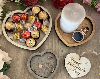 3 pcs Hearts Shaped Trinket / Valet Tray dishes incl tags with scored Heart design Digital SVG + DXF All laser cut files and Glowforge ready