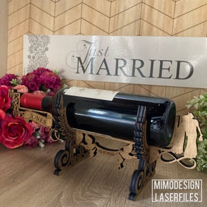 Mrs & Mrs Wedding Wine Holder Display for personalization of grooms names Laser cut digital svg dxf files only Glowforge ready 1/4” and 10mm