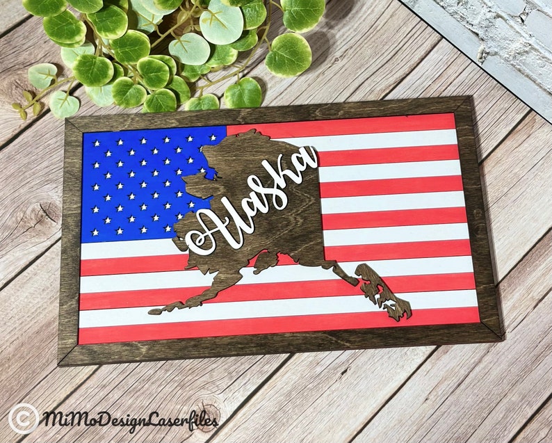 ALASKA State Flag Sign With the American Flag & Frames, Layered and ...