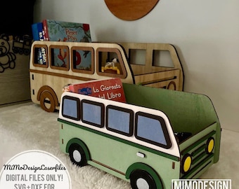 May include: A green and white wooden toy bus with yellow headlights and a white roof. The bus has four windows and a brown interior. The bus is a book holder and is sitting on a white surface. The text "MiMo Design Laserfiles" and "DIGITAL FILES ONLY! SVG+DXF FOR LASER CUTTING Instant Download" is visible below the bus. The text "MIMODESIGN LASERFILES" is visible in the lower right corner of the image.