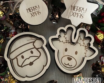 Santa & Reindeer shaped Candy Tray BUNDLE incl tags. Engraved and blank designs DIGITAL cut files svg + dxf only all Laser + Glowforge ready