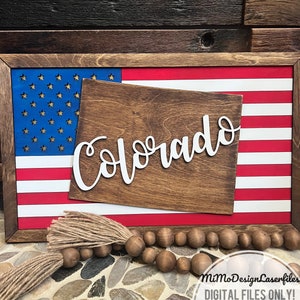 Placa da Bandeira do Estado do COLORADO com a bandeira americana e molduras, fácil de fazer - apenas arquivos DIGITAIS a laser! Todos os lasers e Glowforge prontos
