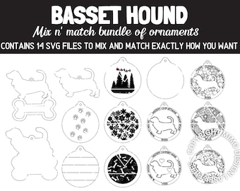 BASSET HOUND Dog Breed Christmas Ornaments Bundle 2022 Digital svg + dxf Cut Files Laser and Glowforge ready