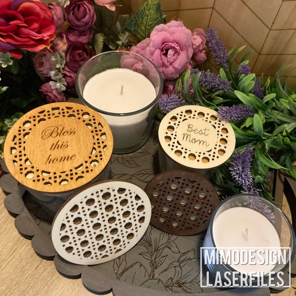 Rattan DIY candle lids, dust cover for IKEA's SINNLIG scented candles, laser cut pattern * digital files only svg + dxf * Glowforge