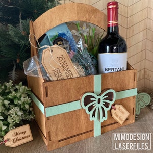 Present gift basket crate box caddy for wine, decor, snacks & gifts, birthday, Christmas etc laser cut Glowforge ready files Digital SVG DXF