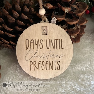 Countdown to Christmas Presents Sliding Ornament with Present lever to make it turn and count down. LASER CUT FILES dxf svg Glowforge ready