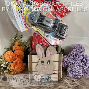 Boîte / caisse de lapin de Pâques 3D carrée 6x6" pour gros œufs en chocolat, jouets, bonbons, cadeaux et nom des enfants. FICHIERS VECTORIELS NUMÉRIQUES pour la découpe laser uniquement