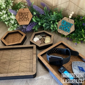 2 vormen van Vaderdag Trinket / Valet Trays schotel incl tags decor met gescoord ontwerp lasergesneden bestanden svg + dxf bestanden alleen Glowforge klaar