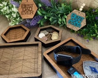 2 shapes of Father's Day Trinket / Valet Trays dish incl tags decor with scored design laser cut files svg + dxf files only Glowforge ready