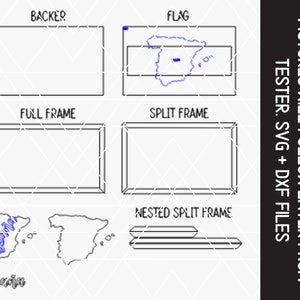 May include: A digital design file for a Spanish flag sign. The design includes a full frame, split frame, and nested split frame options. The file is available in SVG and DXF formats.