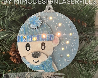 3D Polar Bear Layered Fairy Light Bauble Ornament with battery door to change LED Lights * Digital Laser Cut Vector Files only svg + dxf