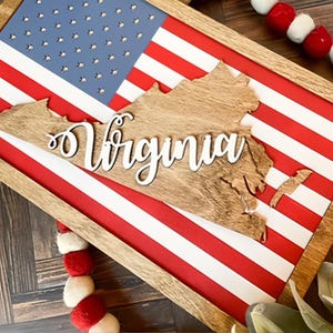 Sinal da bandeira do estado de VIRGÍNIA com a bandeira americana e molduras, fácil de fazer e pintar - apenas arquivos DIGITAIS a laser! Todos os lasers e Glowforge prontos
