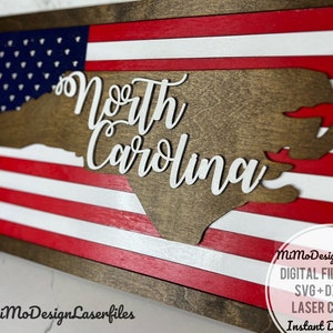 Placa da bandeira do estado da CAROLINA DO NORTE com a bandeira americana e molduras, fácil de fazer - apenas arquivos DIGITAIS a laser! Todos os lasers e Glowforge prontos