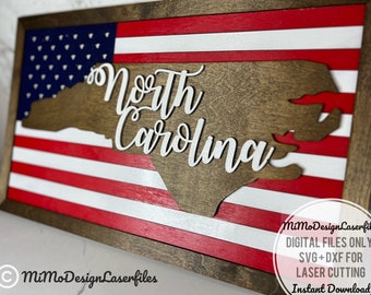 NORTH CAROLINA State Flag Sign with the American flag and frames, easy to make - DIGITAL laser files only! All Lasers and Glowforge ready