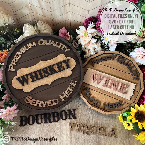 Faux Wine, Whiskey, Tequila, Bourbon Barrel Top Signs - 2 Sizes for all lasers. Split design incl. DIGITAL SVG + DXF Vector laser cut files