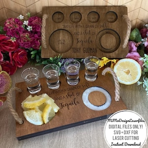 Tequila Shot Board – Digital Laser Cut File – 2 Engraved Designs + Blank Template with Easy DIY Rope Handles on the Tray